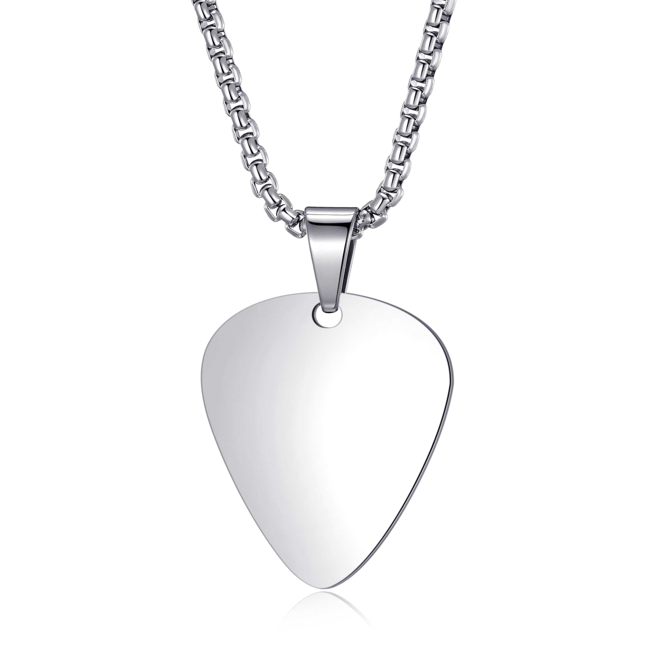 MOO&LEE Guitar Pick Necklace for Men Women Guitar Pendant 24 Inch Stainless Steel Chain, Silver